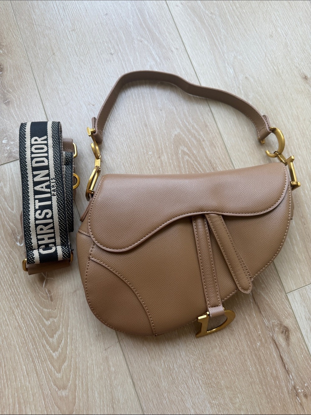 Dupe CD Saddle Shoulder Bag in Tan with Branded Strap